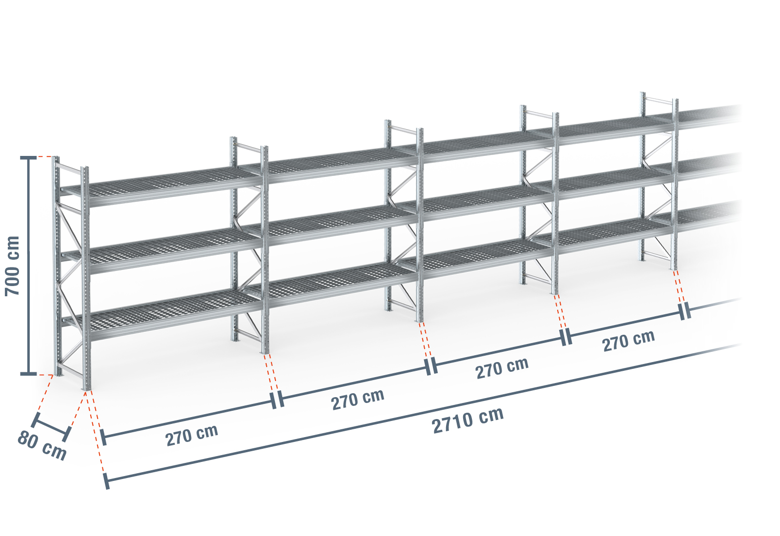 27,1 m pallet rack PR9000F galvanised / 80 cm deep / 7 m high / 3 ...