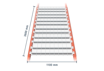 Wire mesh support for PR9000 pallet racking, dimensioned, width 360 cm, depth 110 cm