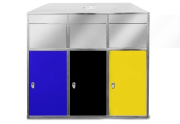 Waste separation system 3 bins, front view, view of ashtray