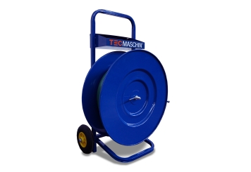 Unwinding trolley for strapping with PET strapping, core diameter 250 to 406 mm, RAL 5005, strap guide bar right