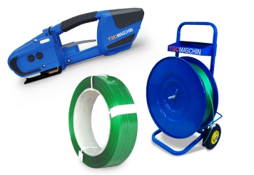 Battery strapping set: dispenser trolley, strapping tool incl. spare battery, PET strapping tape (made from 99% recycled material), TecMaschin 