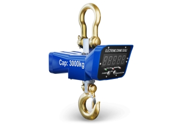 Electronic crane scale KW-3T suspended from shackle with digital dial showing the kg figure in green, indicator light il