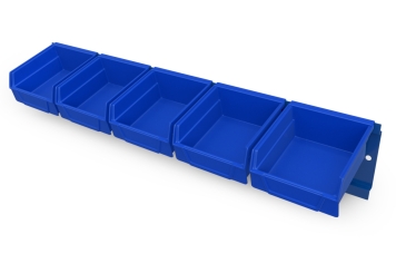 Open fronted storage box set incl. mounting rail 550 mm Mounting rail with 5 attached open fronted storage boxes made of