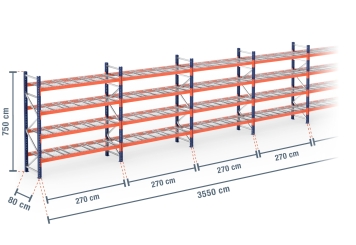 35,5 m pallet racking PR4500 / 80 cm deep / 7,5 m high / 4 levels / rack layer Wire mesh 