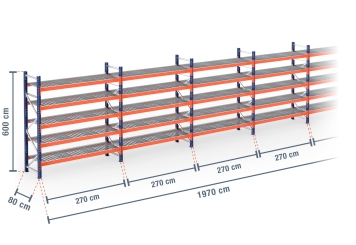 19,7 m pallet rack PR4500 / 80 cm deep / 6 m high / 5 levels / shelf Galvanised mesh 