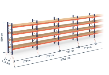 35,5 m pallet racking PR4500 / 110 cm deep / 5,5 m high / 4 levels / rack layer Wood 