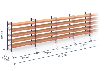 32,7 m pallet racking PR4500 / 110 cm deep / 2 m high / 5 levels / rack layer Wood 