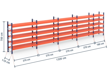 13,2 m pallet racking PR4500 / 110 cm deep / 7 m high / 5 levels / rack layer Steel 