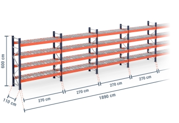 18,9 m pallet racking PR15000 / 110 cm deep / 6 m high / 4 levels / rack layer Wire mesh 