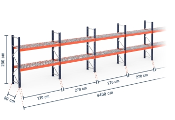 44 m pallet racking PR15000 / 80 cm deep / 2,5 m high / 2 levels / rack layer Wire mesh 