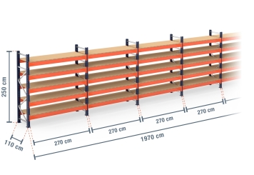 19,7 m pallet racking PR15000 / 110 cm deep / 2,5 m high / 5 levels / rack layer Wood 