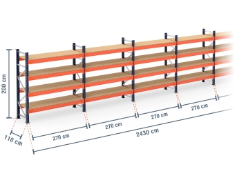 24,3 m pallet racking PR15000 / 110 cm deep / 2 m high / 4 levels / rack layer Wood 