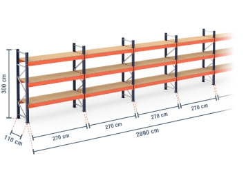 29,9 m pallet racking PR15000 / 110 cm deep / 3 m high / 3 levels / rack layer Wood 