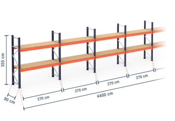 44 m pallet racking PR15000 / 80 cm deep / 3,5 m high / 2 levels / rack layer Wood 