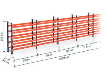 29,9 m pallet rack PR15000 / 80 cm deep / 5,5 m high / 5 levels for 192 euro pallets 