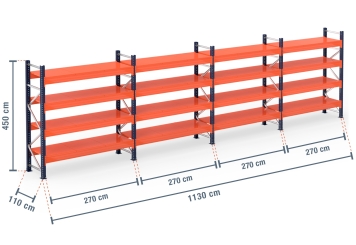 11,3 m pallet racking PR15000 / 110 cm deep / 4,5 m high / 4 levels / rack layer Steel 