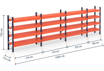 10,3 m pallet racking PR15000 / 110 cm deep / 7,5 m high / 4 levels / rack layer Steel 