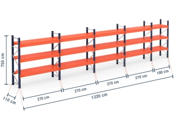 13,2 m pallet racking PR15000 / 110 cm deep / 7,5 m high / 3 levels / rack layer Steel 