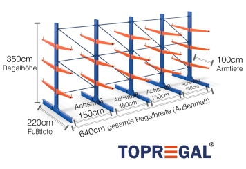 Cantilever rack painted on both sides with dimensioning