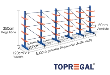 Cantilever rack painted on both sides with dimensioning
