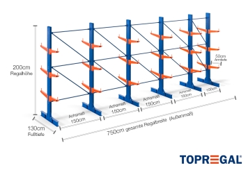 Cantilever rack painted on both sides with dimensioning