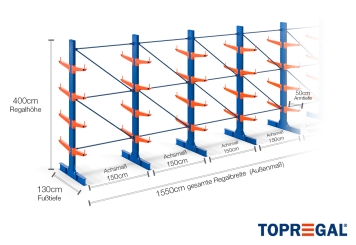 Cantilever rack painted on both sides with dimensioning