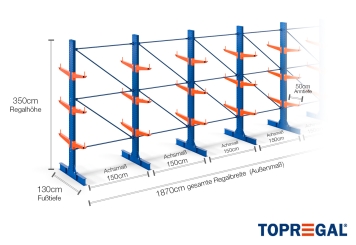 Cantilever rack painted on both sides with dimensioning