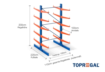 Cantilever rack painted on both sides with dimensioning