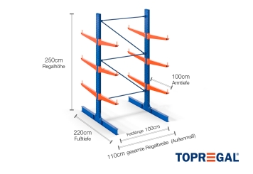 Cantilever rack painted on both sides with dimensioning