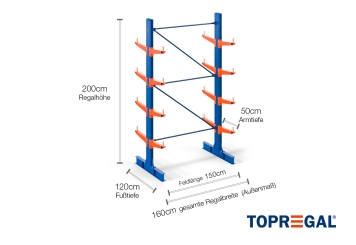 Cantilever rack painted on both sides with dimensioning