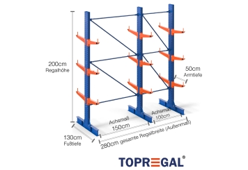 Cantilever rack painted on both sides with dimensioning