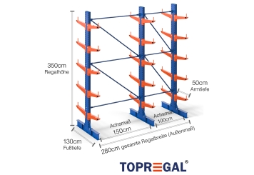 Cantilever rack painted on both sides with dimensioning