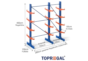 Cantilever rack painted on both sides with dimensioning
