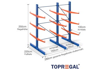 Cantilever rack painted on both sides with dimensioning