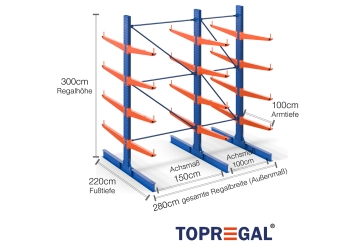 Cantilever rack painted on both sides with dimensioning