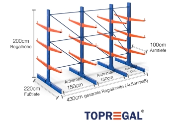 Cantilever rack painted on both sides with dimensioning