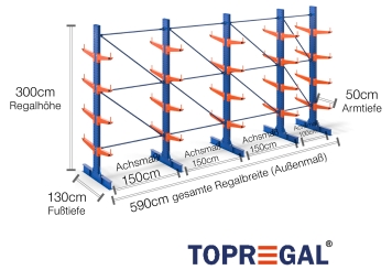 Cantilever rack painted on both sides with dimensioning