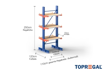 Cantilever rack painted on both sides with dimensioning