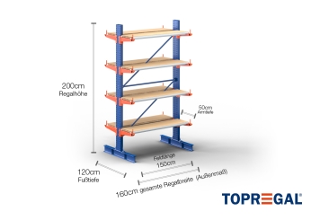 Cantilever rack painted on both sides with dimensioning