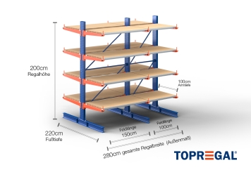 Cantilever rack painted on both sides with dimensioning