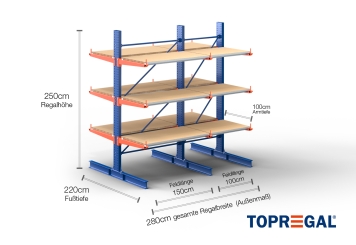 Cantilever rack painted on both sides with dimensioning