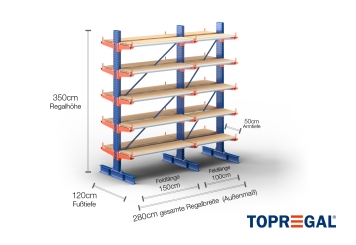 Cantilever rack painted on both sides with dimensioning