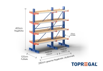 Cantilever rack painted on both sides with dimensioning