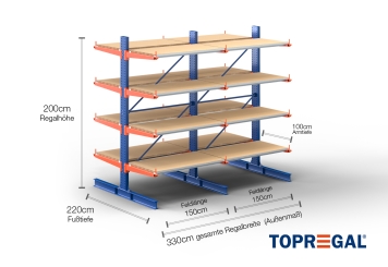 Cantilever rack painted on both sides with dimensioning
