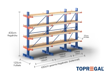 Cantilever rack painted on both sides with dimensioning