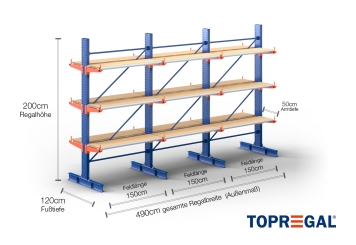 Cantilever rack painted on both sides with dimensioning