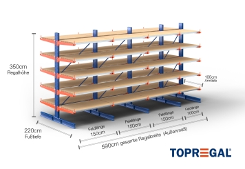 Cantilever rack painted on both sides with dimensioning