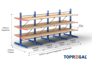 Cantilever rack painted on both sides with dimensioning