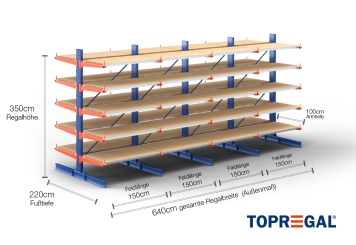 Cantilever rack painted on both sides with dimensioning