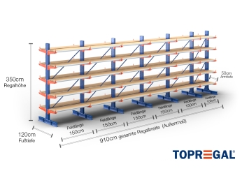 Cantilever rack painted on both sides with dimensioning